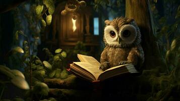 un hibou en train de lire sur une arbre photo