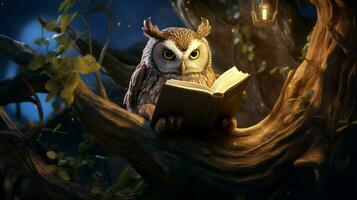 un hibou en train de lire sur une arbre photo