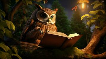 un hibou en train de lire sur une arbre photo