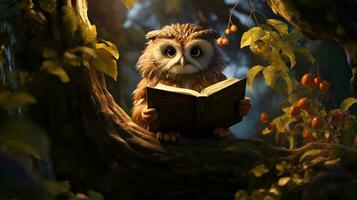 un hibou en train de lire sur une arbre photo