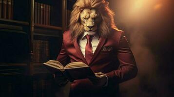 Lion avec une Humain corps physique portant costume photo