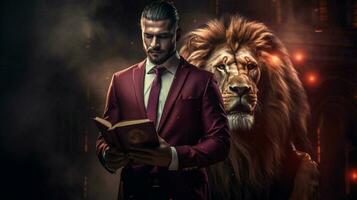 Lion avec une Humain corps physique portant costume photo