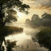 une calmant Matin brouillard en hausse plus de une tranquille rivière photo