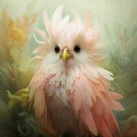 une créature avec duveteux couleur pastel plumes et une vérité photo