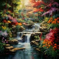 une serein jardin avec vibrant couleurs et en cascade waterfal photo