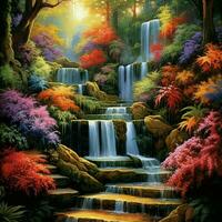 une serein jardin avec vibrant couleurs et en cascade waterfal photo