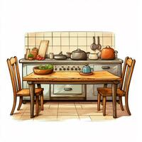 cuisine table 2d dessin animé illustraton sur blanc Contexte h photo