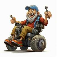 homme dans motorisé fauteuil roulant 2d dessin animé illustraton sur brin photo