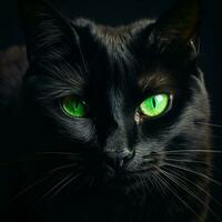 mystérieux noir chat avec perçant vert yeux photo