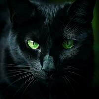 mystérieux noir chat avec perçant vert yeux photo