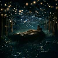 paisible sommeil en dessous de une mer de scintillement étoiles photo