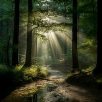 immobilité dans une tranquille forêt avec poutres de lumière du soleil brea photo
