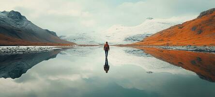 homme en marchant dans l'eau Lac Montagne silhouette, ai photo