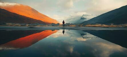 homme en marchant dans l'eau Lac Montagne silhouette, ai photo