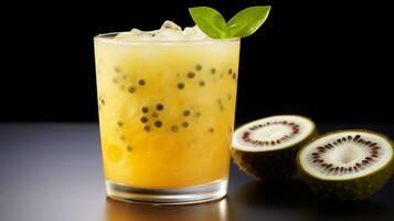 photo de une passion fruit Caipirinha isolé sur plat noir Contexte. génératif ai