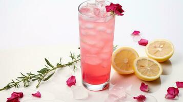 photo de une Rose l'eau limonade isolé sur plat blanc Contexte. génératif ai