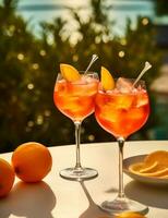 photo de certains aperol spritz boisson élégamment plaqué sur une tableau. génératif ai