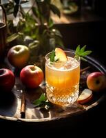 photo de certains Pomme Cidre boisson élégamment plaqué sur une tableau. génératif ai