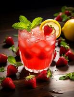 photo de certains fraise limonade boisson élégamment plaqué sur une tableau. génératif ai