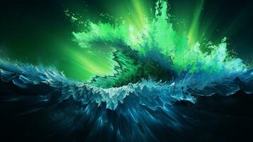 explosion avec cool bleu vague modèle avec vert et noir néon lumière. génératif ai photo