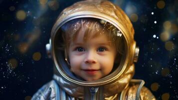 mignonne peu garçon est habillé dans astronaute costume et le sien yeux sont plein de curiosité. génératif ai photo