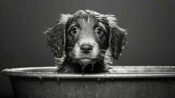 une mignonne animal de compagnie chiot avec humide cheveux est prise une bain. génératif ai photo