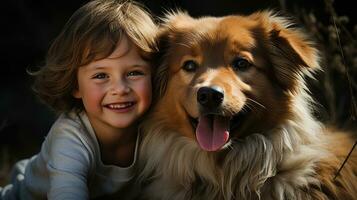 content mignonne garçon ayant amusement temps avec une chien. génératif ai photo