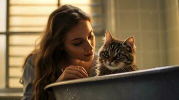 une femme et sa animal de compagnie chat baigner sa animal de compagnie chat dans le salle de bains. génératif ai photo