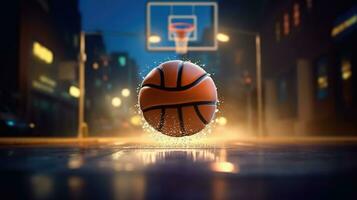 concept de permanent basketball Balle isolé sur ville Contexte. génératif ai photo
