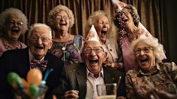 mignonne homme célébrer le sien anniversaire avec le sien copains dans une allaitement maison. génératif ai photo