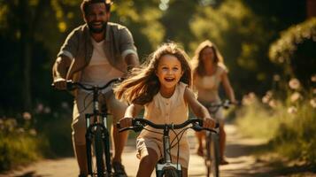 une famille cyclisme Heureusement sur une ensoleillé journée. génératif ai photo