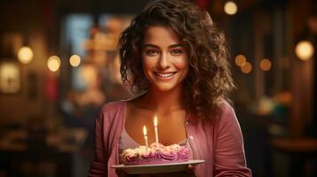 magnifique fille en portant une anniversaire gâteau. génératif ai photo