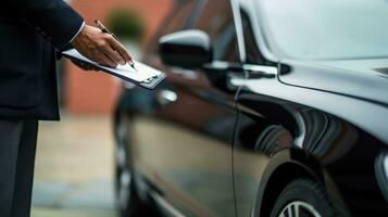 mains de Assurance agent employé prise Remarques tandis que inspecter le extérieur de une auto. génératif ai photo