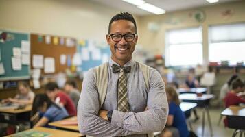 content Masculin prof dans un élémentaire école Salle de classe. génératif ai photo