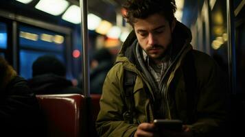 une homme immergé dans le sien téléphone tandis que séance sur une Publique autobus. génératif ai photo