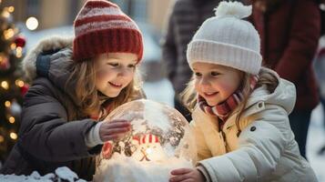 les enfants fabrication bonhomme de neige et décorations pour Noël sur le rue. génératif ai photo