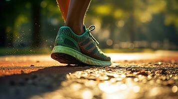 des chaussures de une la personne dans une Naturel environnement sur une flou Contexte. génératif ai photo