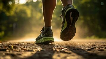 des chaussures de une la personne dans une Naturel environnement sur une flou Contexte. génératif ai photo