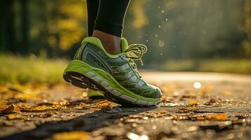 des chaussures de une la personne dans une Naturel environnement sur une flou Contexte. génératif ai photo