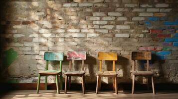 rétro en bois chaises conçu pour les enfants permanent dans de face de brique mur. génératif ai photo