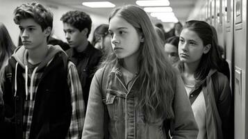 fermer image de Jeune élèves en marchant dans haute école couloir. génératif ai photo