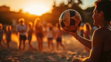 groupe de copains en jouant volley-ball avec plage isolé dans Contexte. génératif ai photo