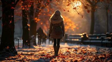 la personne en marchant sur neigeux route à le coucher du soleil sur une hiver journée. génératif ai photo