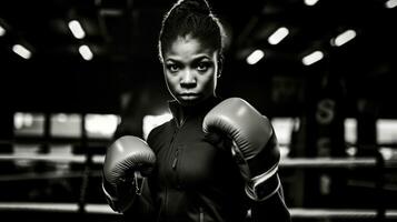 fermer coup de femme Faire boxe formation dans une moderne salle de sport. génératif ai photo