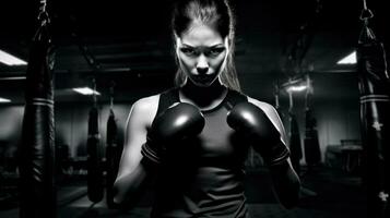 fermer coup de femme Faire boxe formation dans une moderne salle de sport. génératif ai photo