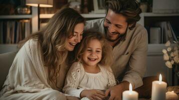 une content famille est assis Heureusement dans leur vivant chambre. génératif ai photo