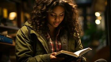 Jeune fille soigneusement en train de lire une livre dans le bibliothèque. génératif ai photo