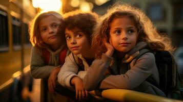 les enfants avec enthousiasme attendre pour le école autobus à le arrêt. génératif ai photo