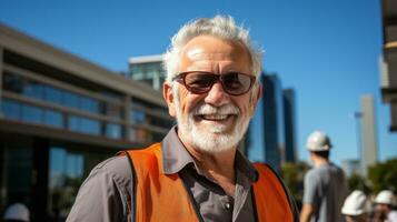 un employé dans le route construction affaires qui est satisfait avec le sien emploi. génératif ai photo