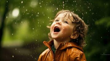 une enfant joie dans le visage de gouttes de pluie. génératif ai photo